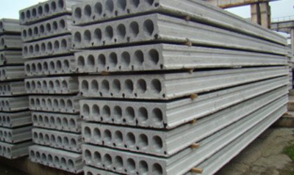 Stacks of precast concrete slabs